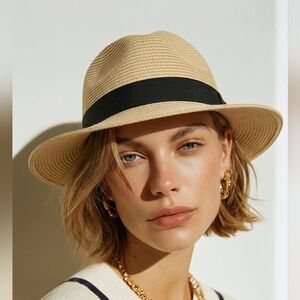 Jaxon Fedora Straw Sun Hat Ivory Black Ribbon Bow XL 8 Inch Diameter